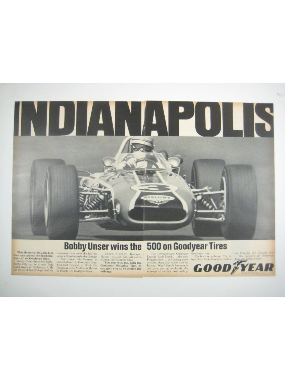 Vintage 1968 Goodyear Racing Indianapolis 500 Bobby Unser Ad Print 2 page